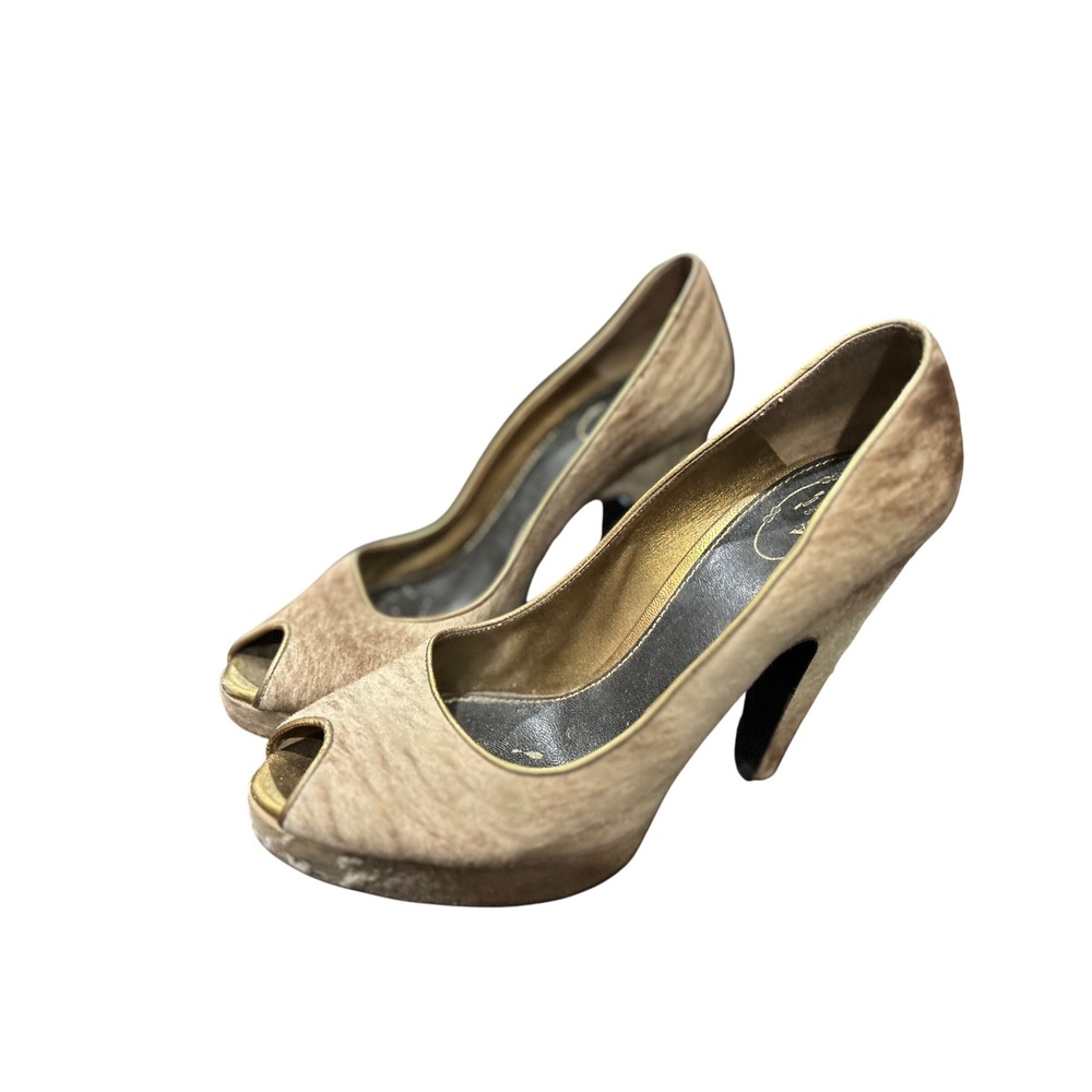 Prada Calf Hair Peep Toe Heels Taupe Gold Trim Platform Stiletto‎ Size 39 - Picture 5 of 16